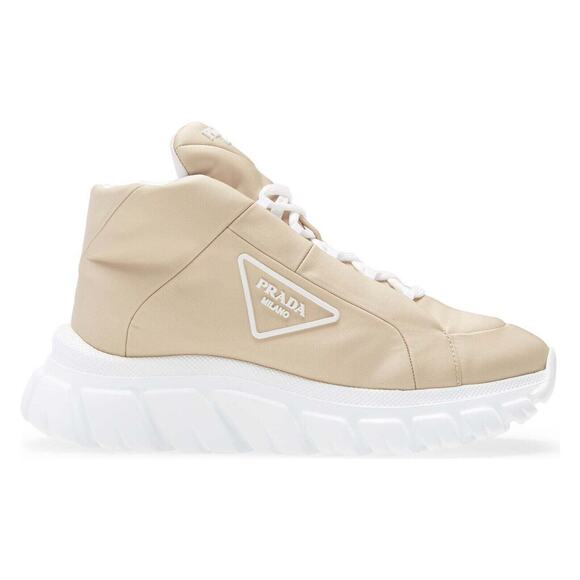 Prada Rush Piuma Nylon Beige White Platform Flat High Top Trainer Sneaker 38 - Picture 1 of 12